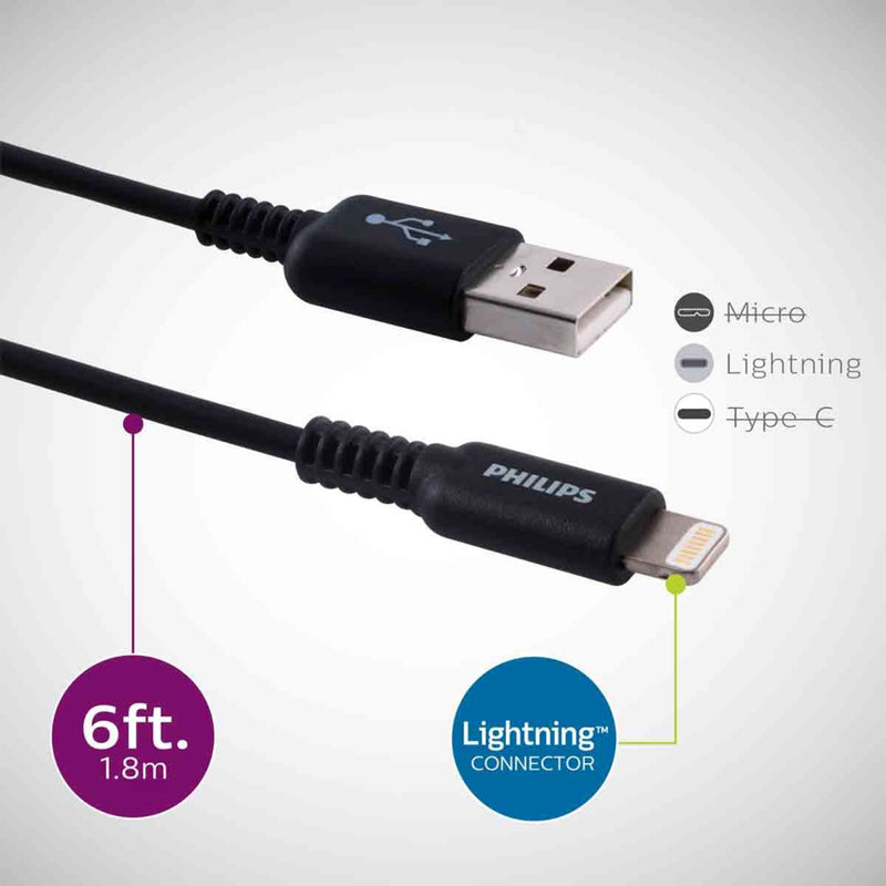 Philips Mifi Certified 6ft. USB-A Lightning Charging Cable, Black