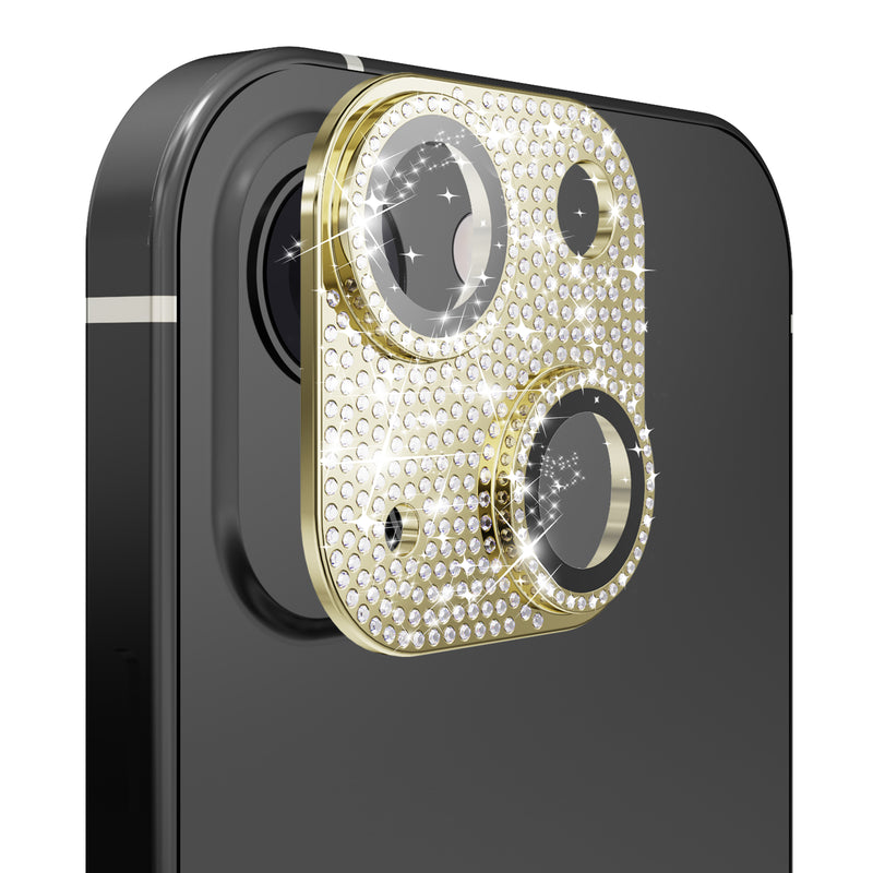 For Apple iPhone 14 6.1"/iPhone 14 Plus 6.7" Diamond Bling Camera Lens Full Tempered Glass - Gold