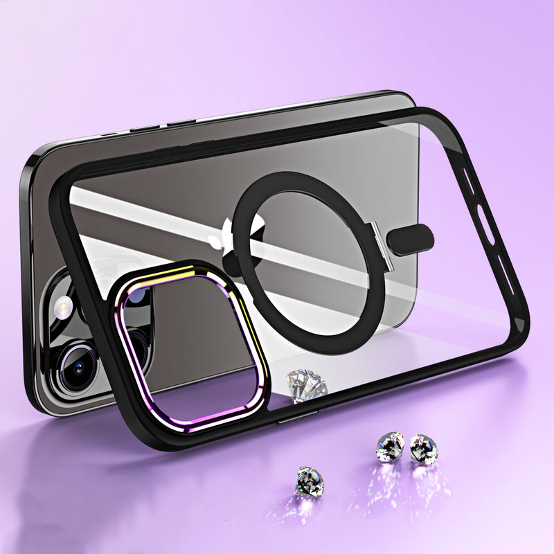 For iPhone 14 6.1" Dazzle Magnetic Ring Stand Alloy Chrome Transparent Hybrid Case Cover - Black