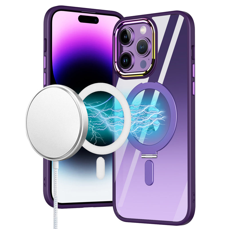 For iPhone 14 6.1" Dazzle Magnetic Ring Stand Alloy Chrome Transparent Hybrid Case Cover - Dark Purple