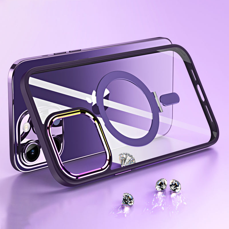 For iPhone 14 6.1" Dazzle Magnetic Ring Stand Alloy Chrome Transparent Hybrid Case Cover - Dark Purple