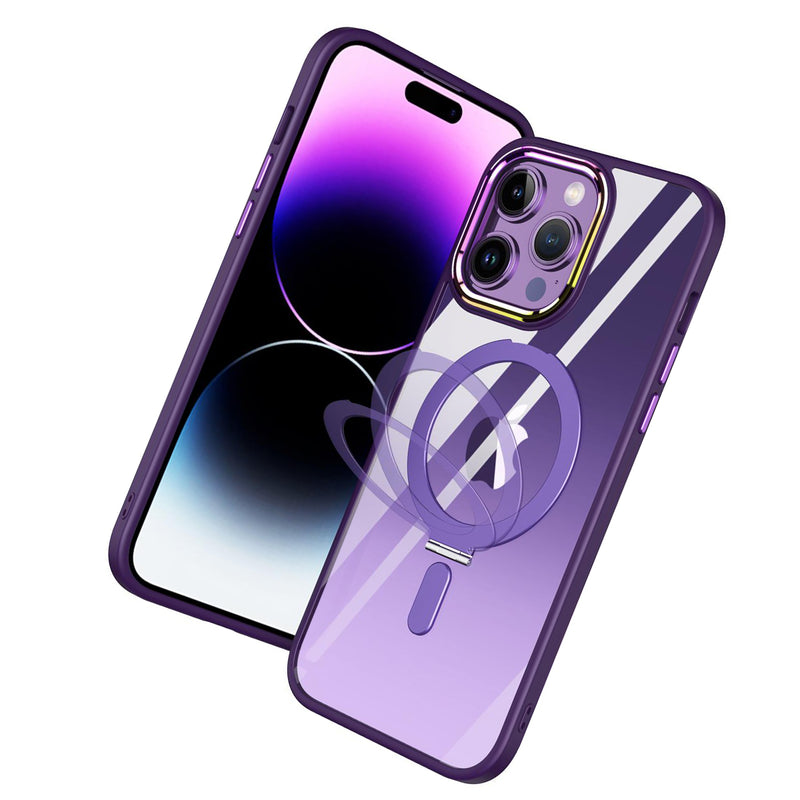 For iPhone 14 6.1" Dazzle Magnetic Ring Stand Alloy Chrome Transparent Hybrid Case Cover - Dark Purple