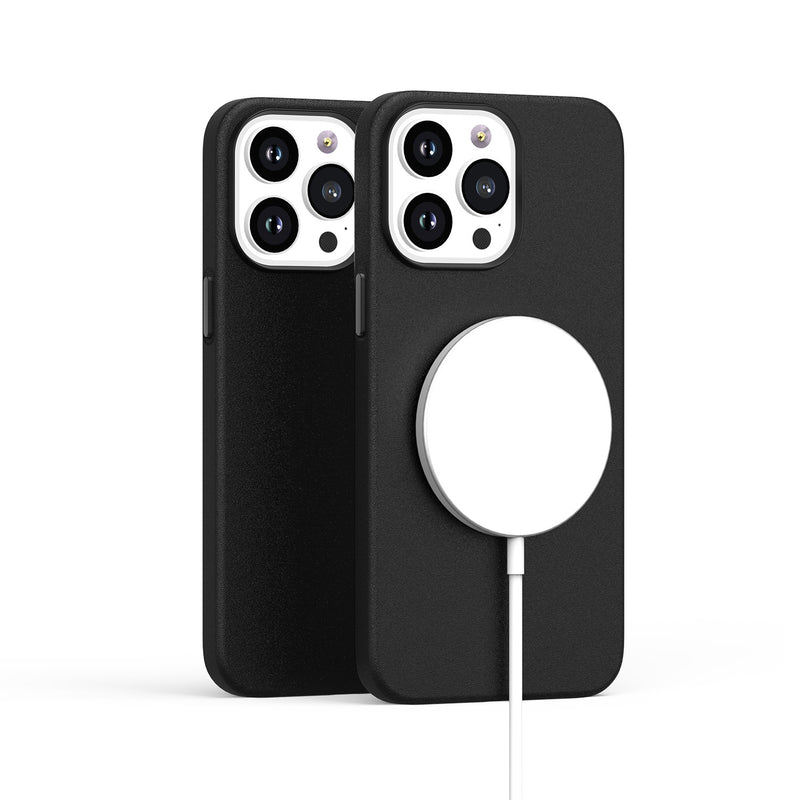 For iPhone 14 PLUS MagSafe Compatible Original Invisible Circle Premium PU Leather Case With Colored Metal Buttons - Black