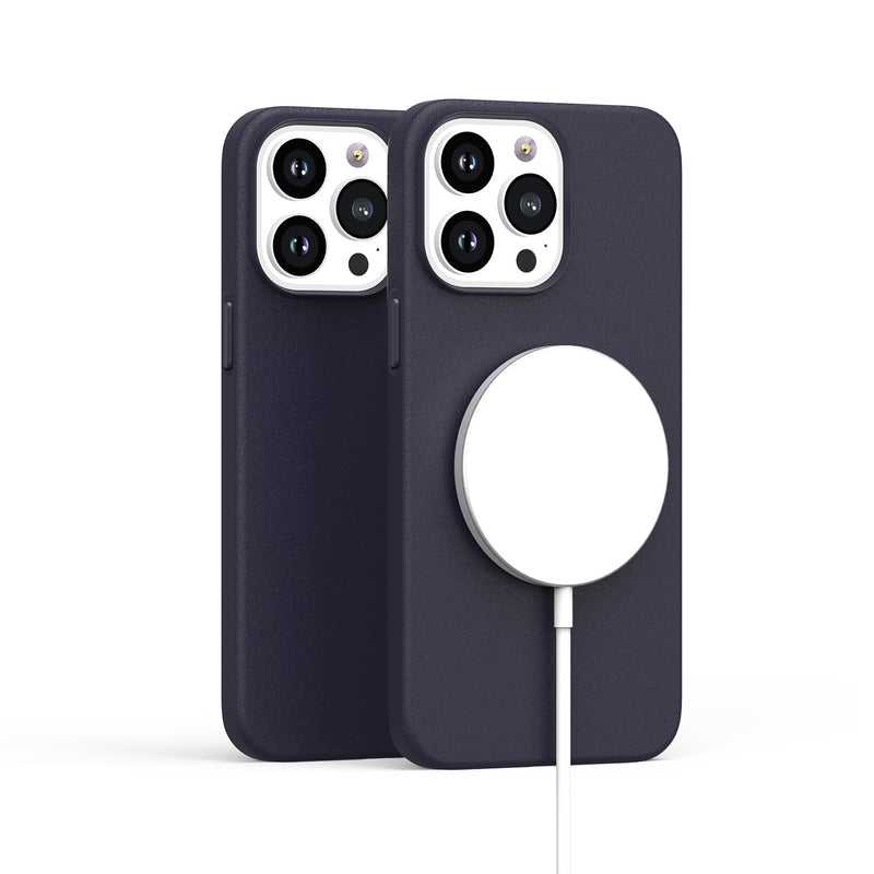 For iPhone 14 PLUS MagSafe Compatible Original Invisible Circle Premium PU Leather Case With Colored Metal Buttons - Ink