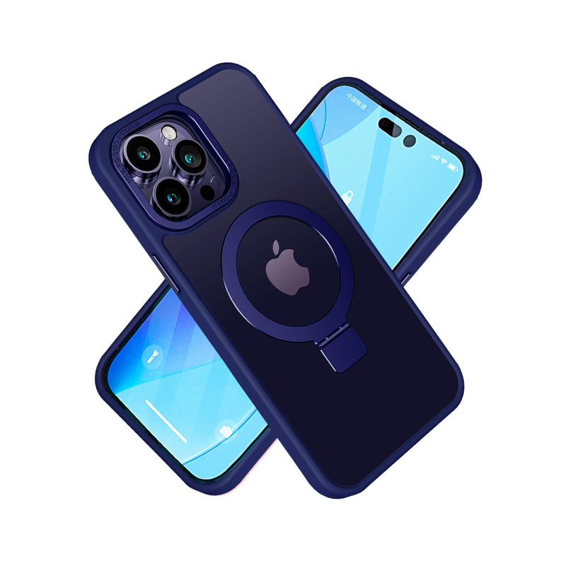For iPhone 14 Plus 6.7" Metal Surrounded Ring Stand Hybrid Case Cover - Navy Blue