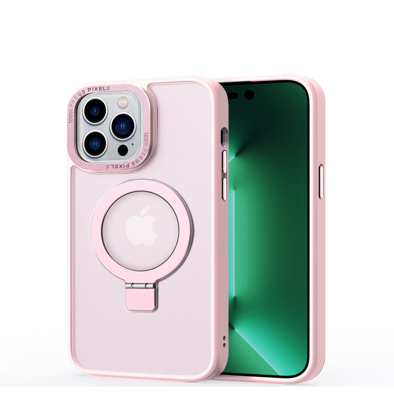 For iPhone 12 & iPhone 12 Pro Metal Surrounded Ring Stand Hybrid Case Cover - Pink