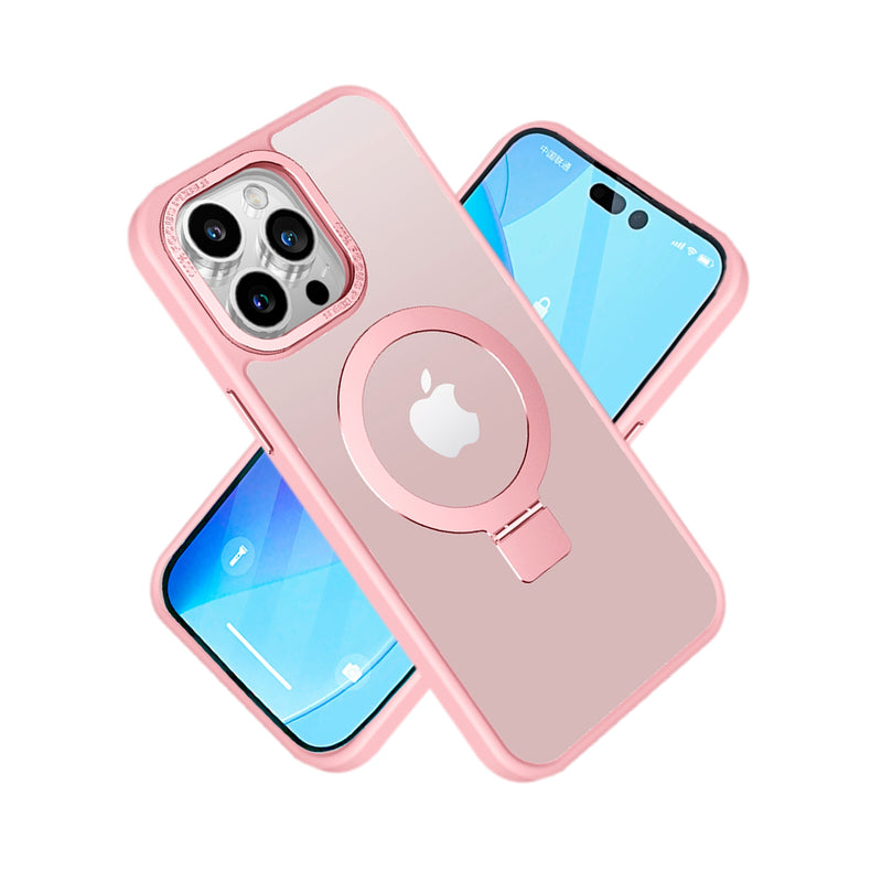 For iPhone 14 PRO 6.1" Metal Surrounded Ring Stand Hybrid Case Cover - Pink