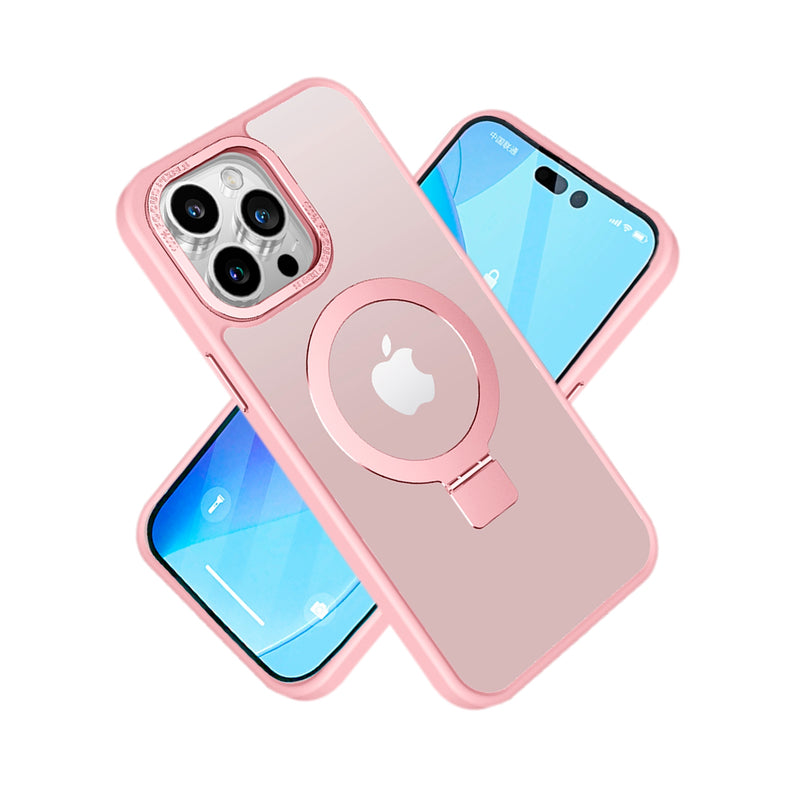 For iPhone 14 Plus 6.7" Metal Surrounded Ring Stand Hybrid Case Cover - Pink