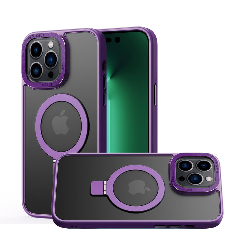 For iPhone 14 PRO 6.1" Metal Surrounded Ring Stand Hybrid Case Cover - Purple