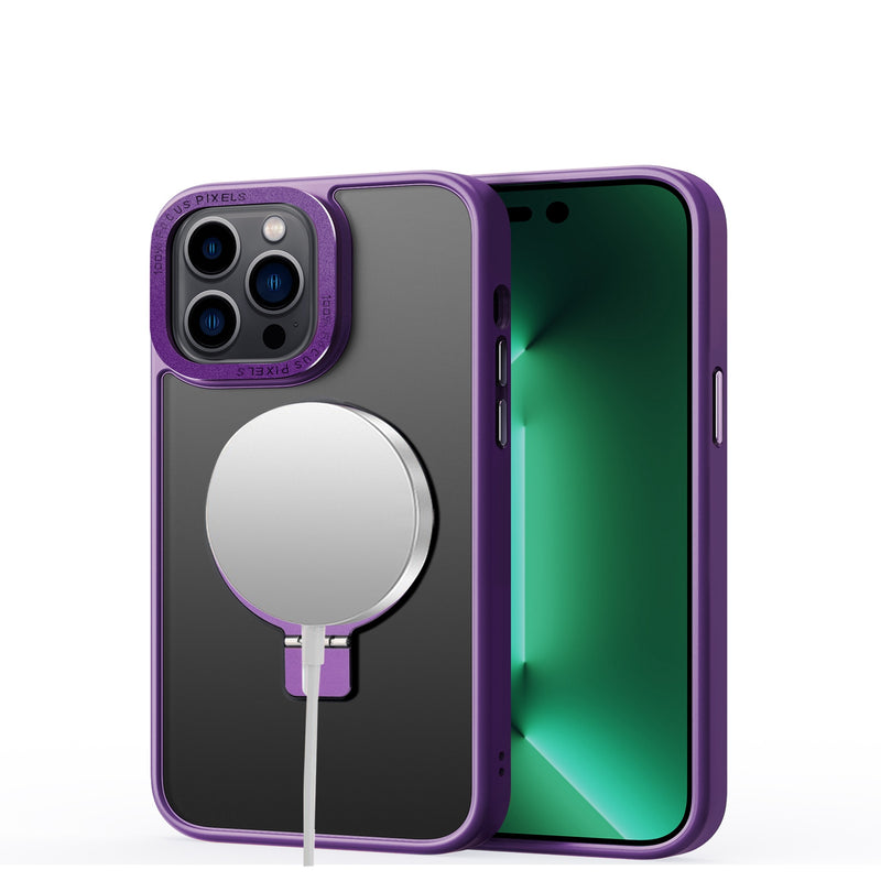 For iPhone 14 6.1" Metal Surrounded Ring Stand Hybrid Case Cover - Purple