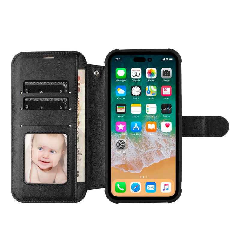 For iPhone 14 6.1" Magnetic Wallet For ID and Credit Cards With Lanyard - Black