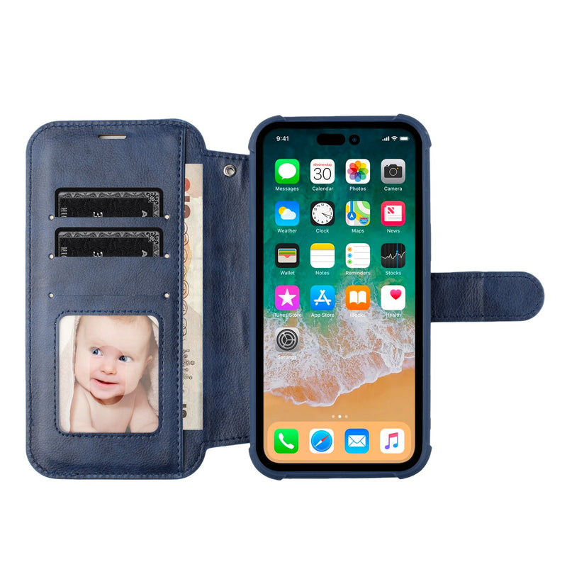 For iPhone 14 6.1" Magnetic Wallet For ID and Credit Cards With Lanyard - Blue
