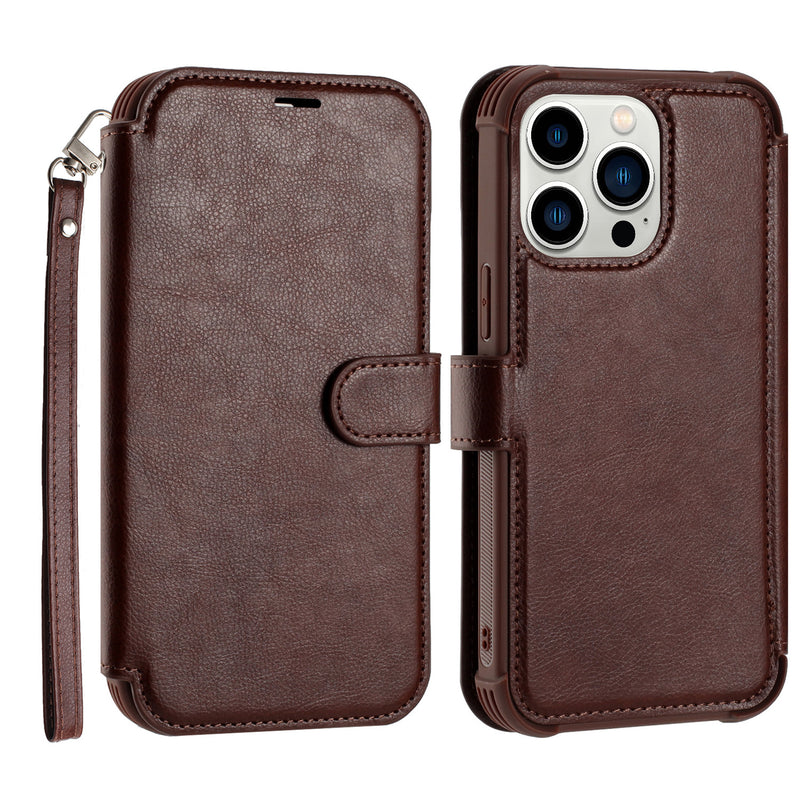 For iPhone 14 6.1" Magnetic Wallet For ID and Credit Cards With Lanyard - Brown