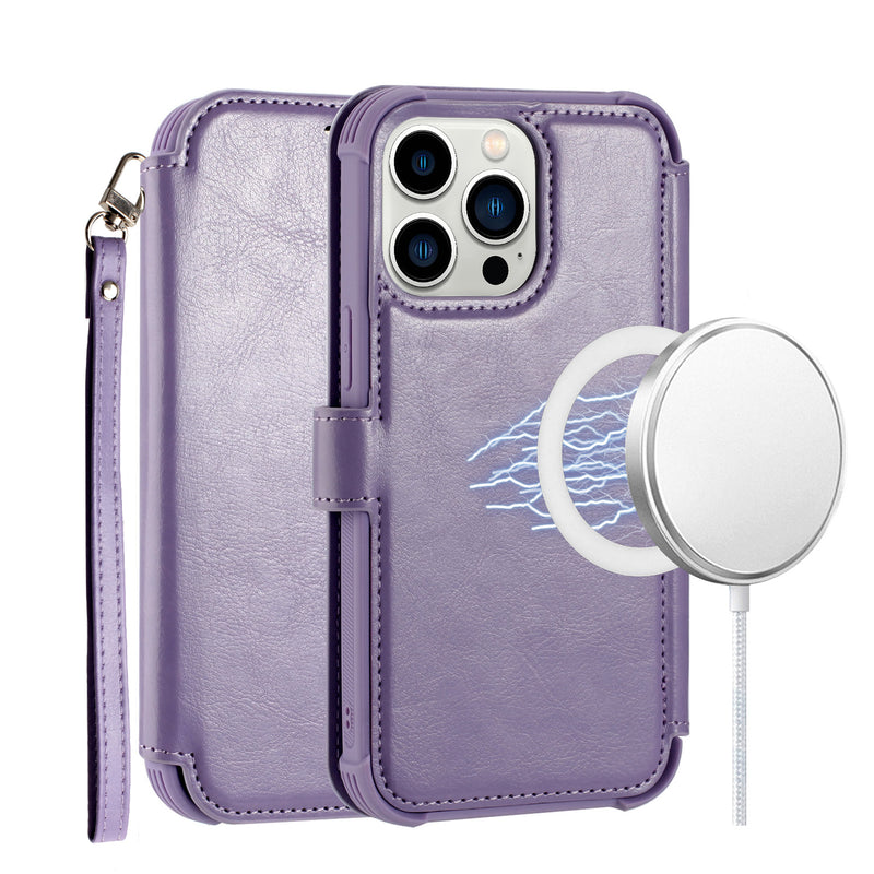 For iPhone 14 6.1" Magnetic Wallet For ID and Credit Cards With Lanyard - Light Purple