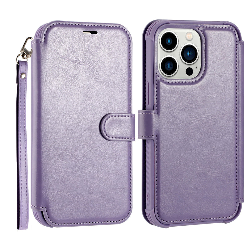 For iPhone 14 6.1" Magnetic Wallet For ID and Credit Cards With Lanyard - Light Purple