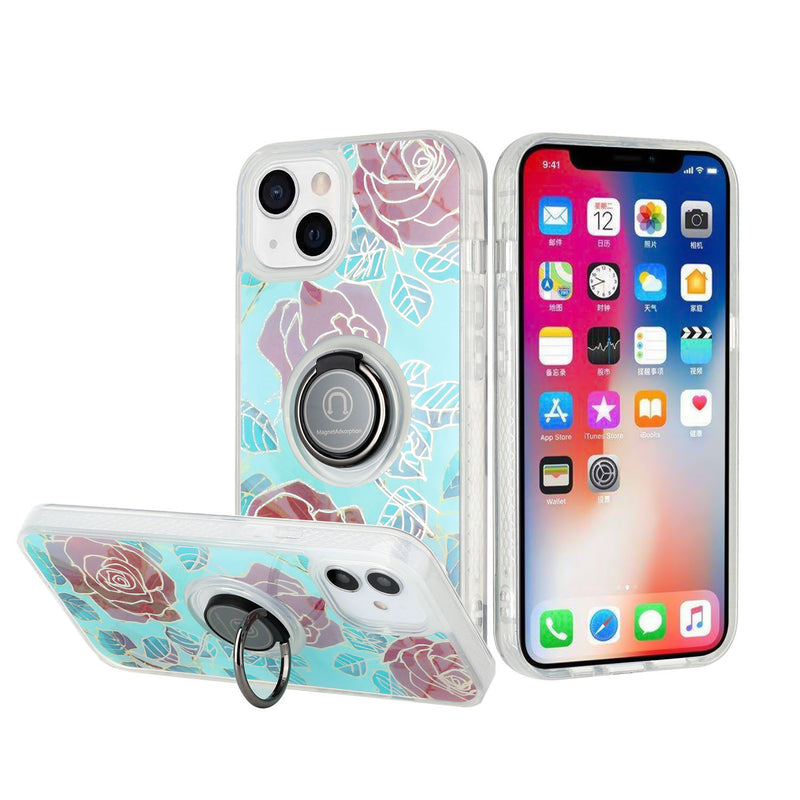 For iPhone 13 Pro AMAZE Floral IMD Hybrid with Magnetic Ring Stand Case Cover - A