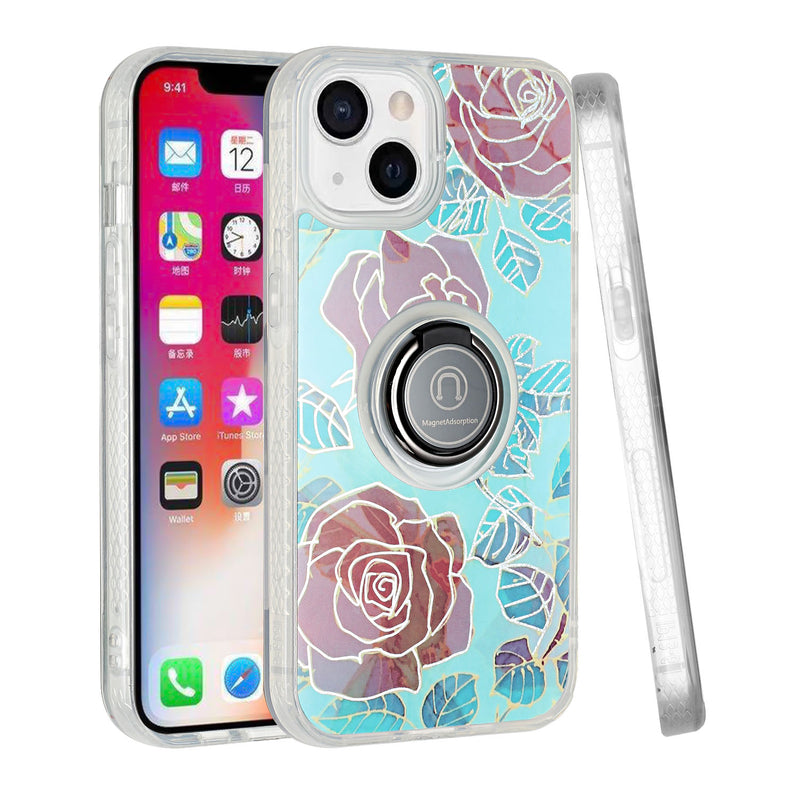 For iPhone 13 Pro AMAZE Floral IMD Hybrid with Magnetic Ring Stand Case Cover - A