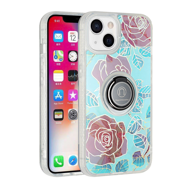 For iPhone 13 Pro AMAZE Floral IMD Hybrid with Magnetic Ring Stand Case Cover - A