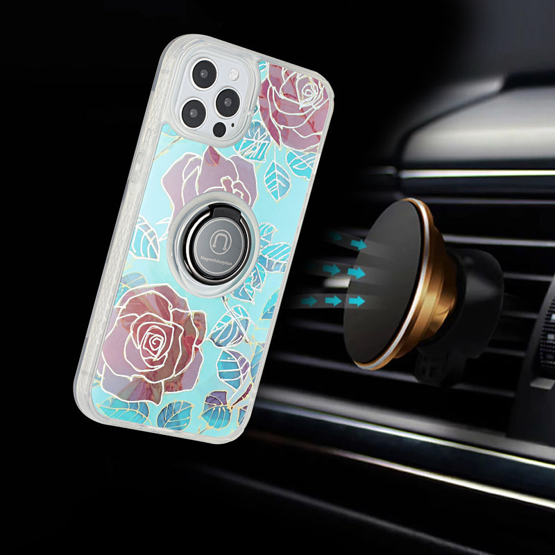 For iPhone 13 Pro AMAZE Floral IMD Hybrid with Magnetic Ring Stand Case Cover - A