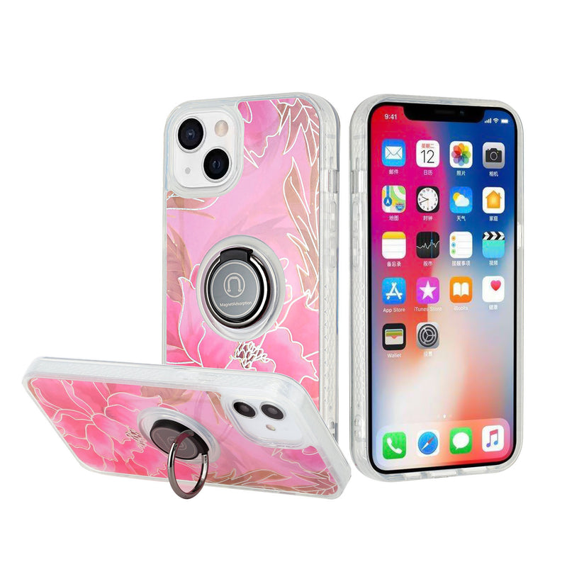 For iPhone 13 6.1 AMAZE Floral IMD Hybrid with Magnetic Ring Stand Case Cover - B