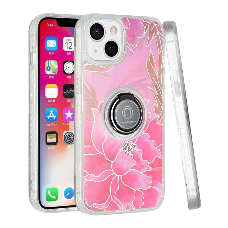 For iPhone 13 6.1 AMAZE Floral IMD Hybrid with Magnetic Ring Stand Case Cover - B