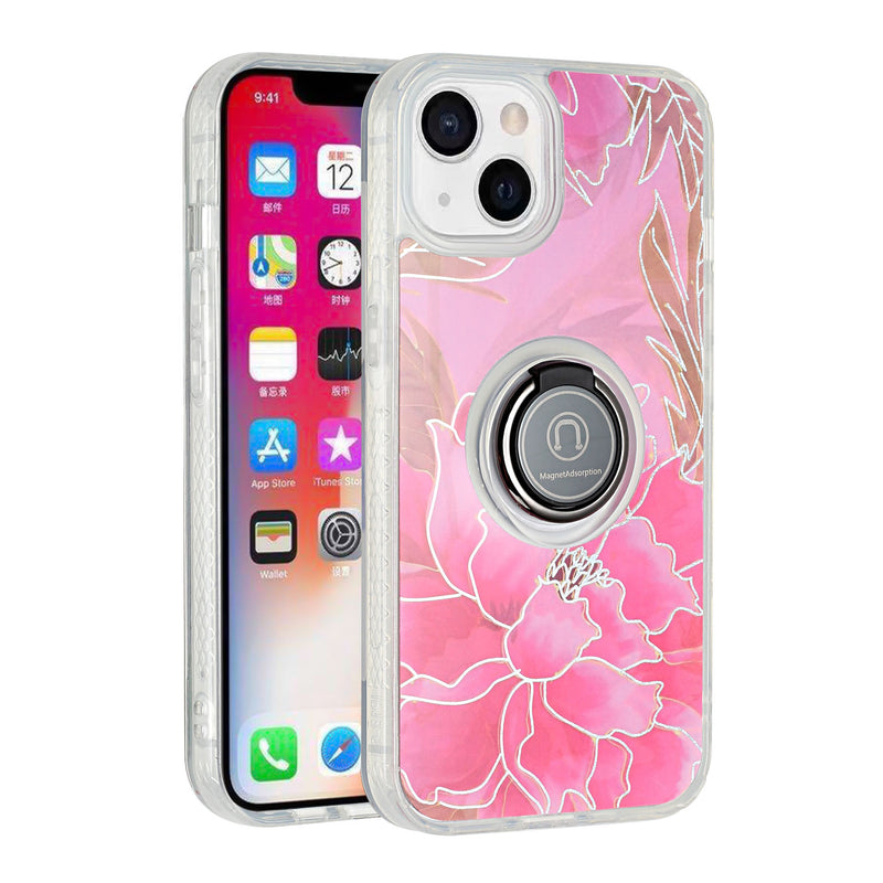 For iPhone 13 6.1 AMAZE Floral IMD Hybrid with Magnetic Ring Stand Case Cover - B