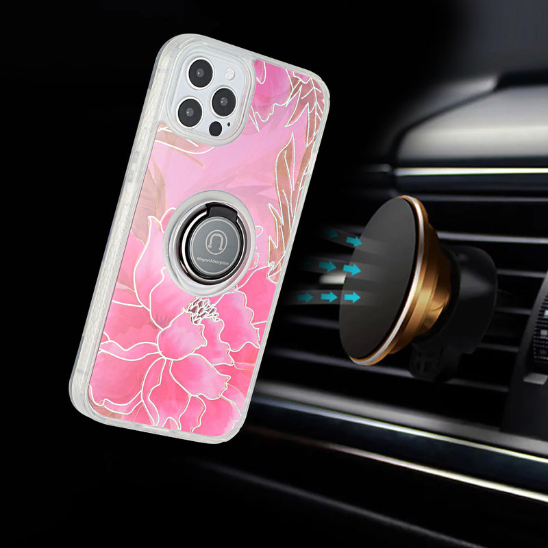 For iPhone 13 Pro AMAZE Floral IMD Hybrid with Magnetic Ring Stand Case Cover - B