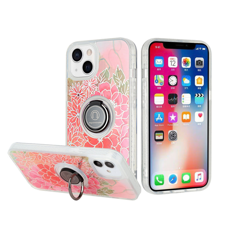 For iPhone 13 Pro Max AMAZE Floral IMD Hybrid with Magnetic Ring Stand Case Cover - E