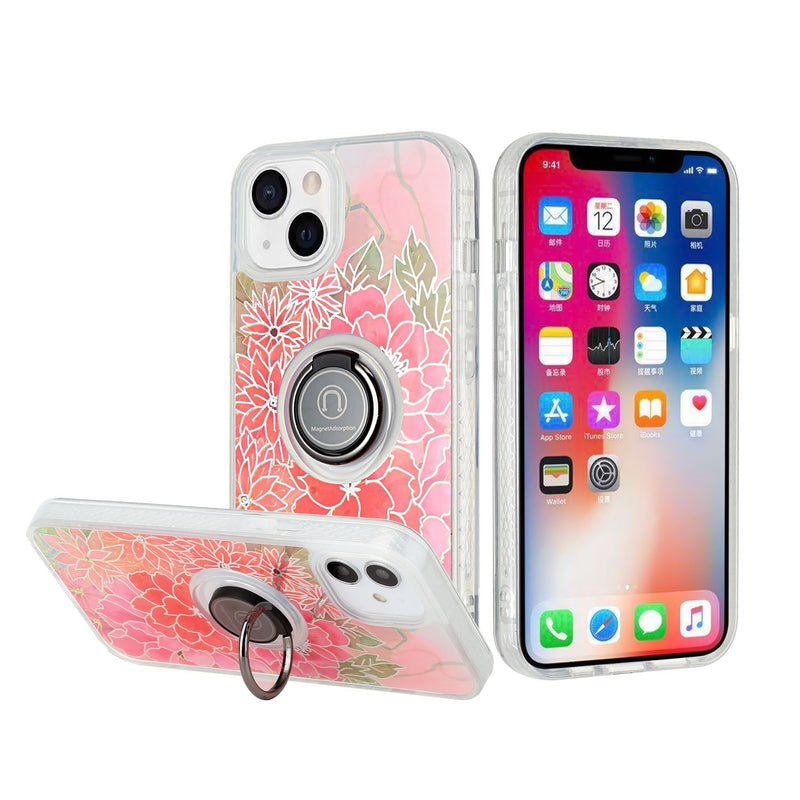 For iPhone 13 6.1 AMAZE Floral IMD Hybrid with Magnetic Ring Stand Case Cover - E