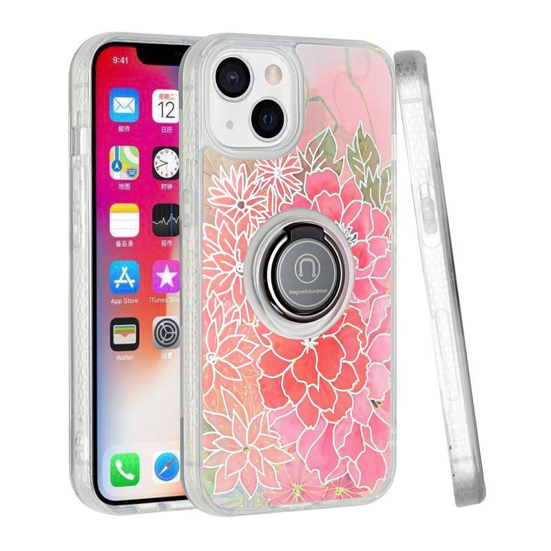 For iPhone 13 6.1 AMAZE Floral IMD Hybrid with Magnetic Ring Stand Case Cover - E