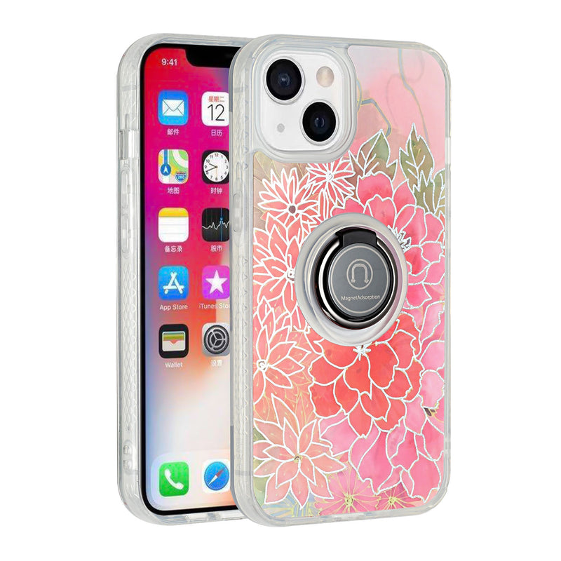 For iPhone 13 6.1 AMAZE Floral IMD Hybrid with Magnetic Ring Stand Case Cover - E