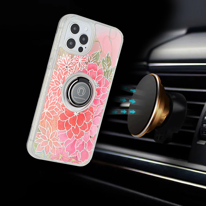 For iPhone 13 6.1 AMAZE Floral IMD Hybrid with Magnetic Ring Stand Case Cover - E