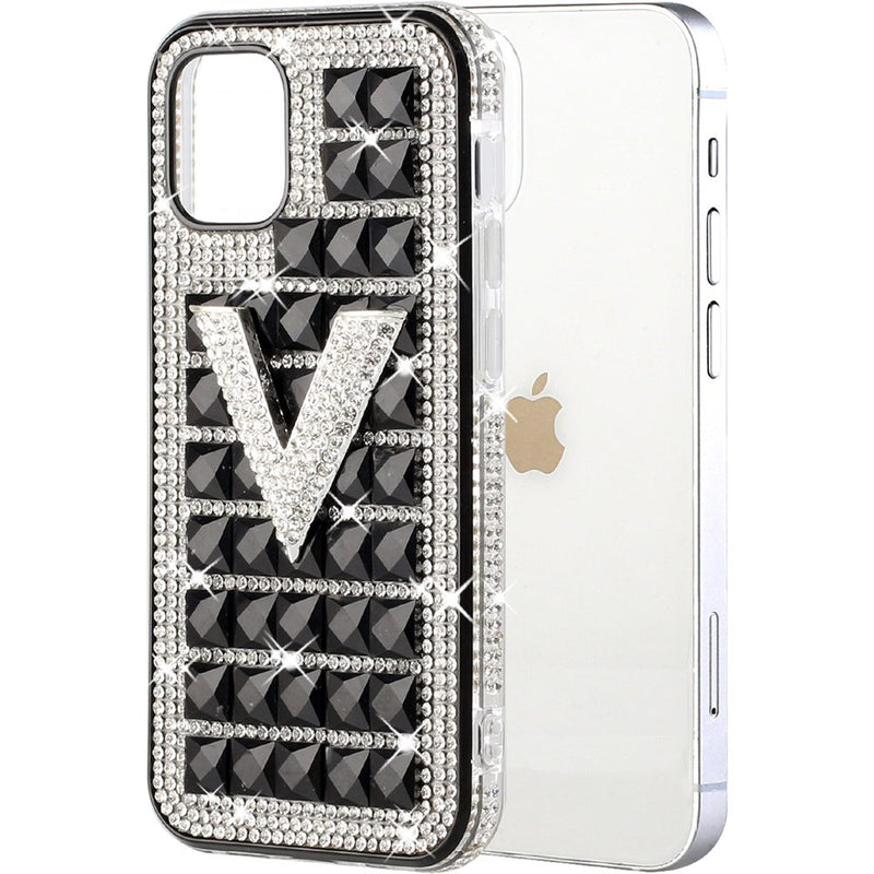 For iPhone 13 Pro Ornament Bling Diamond Shiny Crystal Case Cover - V on Black