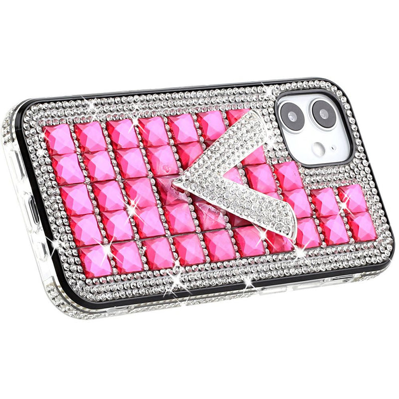 For iPhone 13 Pro Max Ornament Bling Diamond Shiny Crystal Case Cover - V on Hot Pink