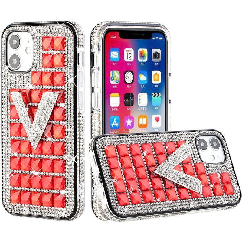 For iPhone 13 6.1 Ornament Bling Diamond Shiny Crystal Case Cover - V on Red