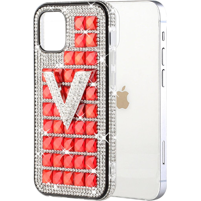 For iPhone 13 6.1 Ornament Bling Diamond Shiny Crystal Case Cover - V on Red