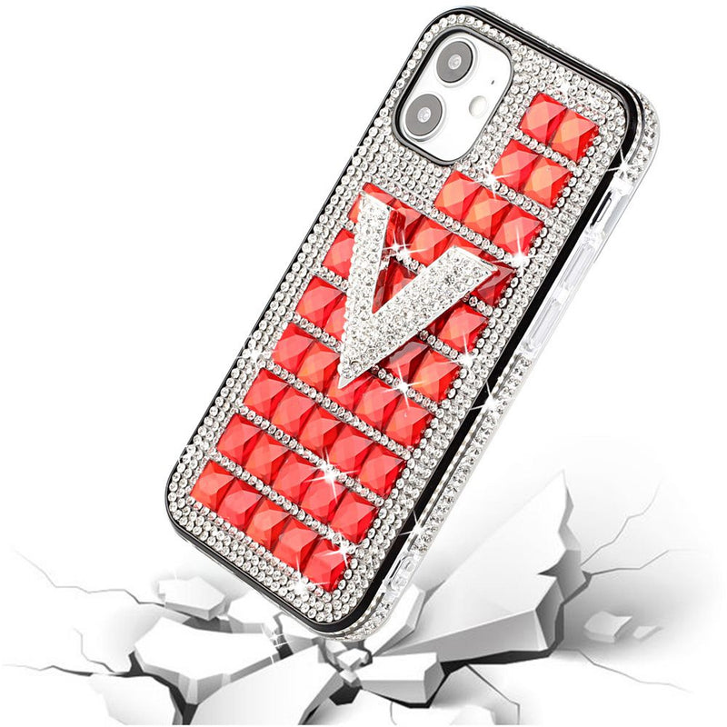 For iPhone 13 6.1 Ornament Bling Diamond Shiny Crystal Case Cover - V on Red