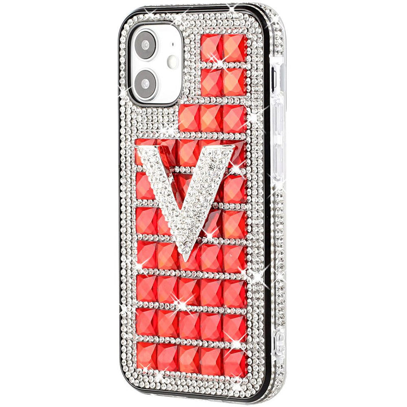 For iPhone 13 6.1 Ornament Bling Diamond Shiny Crystal Case Cover - V on Red