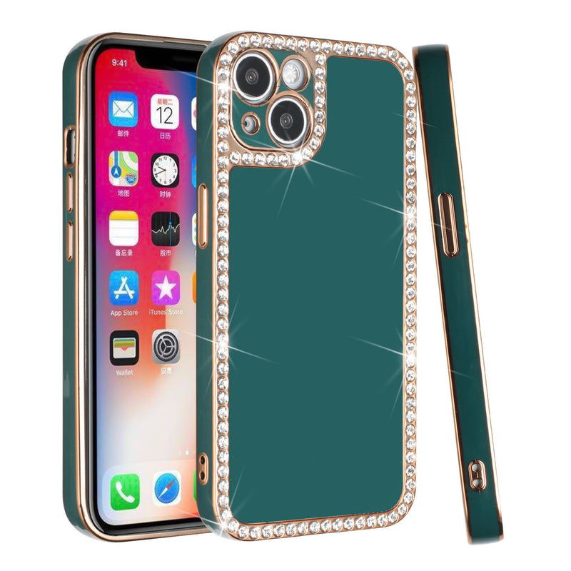 For iPhone 13 Pro Chrome Big Diamond All Around TPU Case Cover - Midnight Green