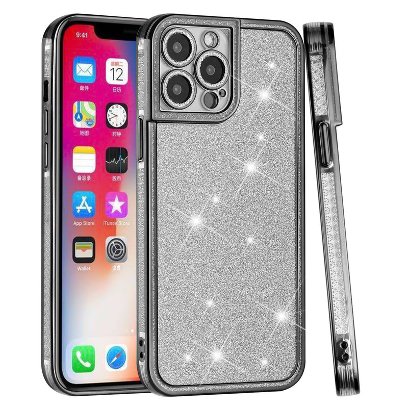 For iPhone 13 Pro Max Chromed Edge Glitter Star TPU Thick Cover Case - Black