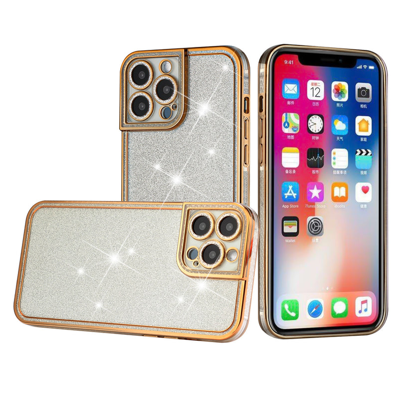 For iPhone 13 Pro Max Chromed Edge Glitter Star TPU Thick Cover Case - Gold