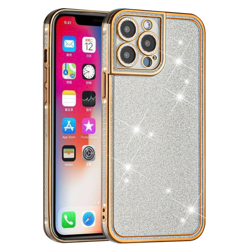 For iPhone 13 Pro Max Chromed Edge Glitter Star TPU Thick Cover Case - Gold