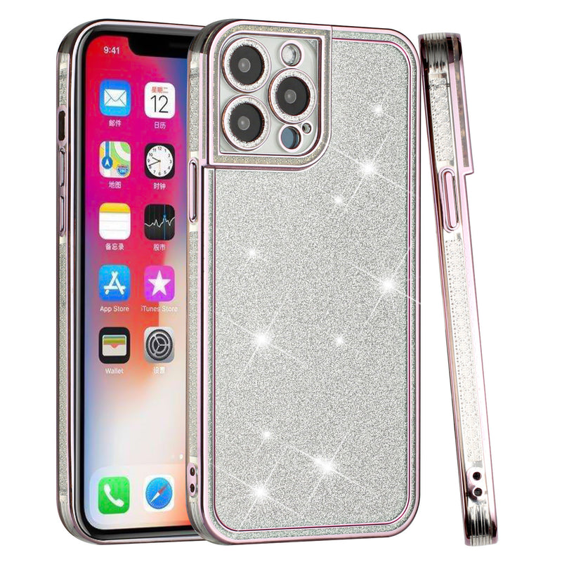 For iPhone 13 Pro Max Chromed Edge Glitter Star TPU Thick Cover Case - Rose Gold