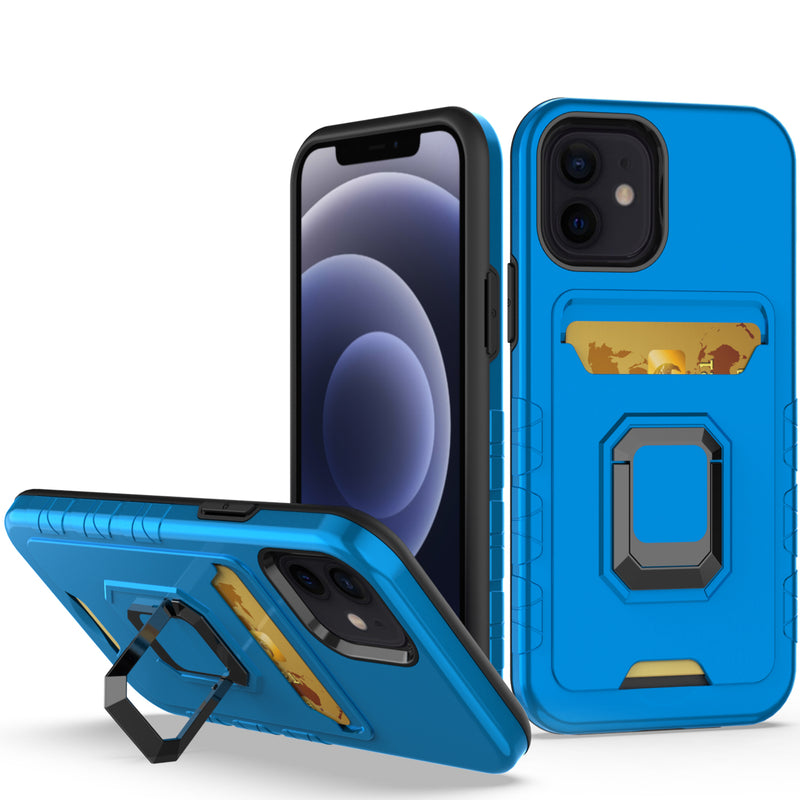 For iPhone 13 Pro Max Card Holder with Magnetic Ring Stand Hybrid Case Cover - Blue
