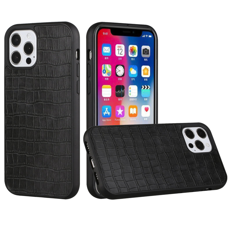 For Apple iPhone 14 PRO MAX 6.7" Hard PU Leather Croc Design Hybrid Case Cover - Black