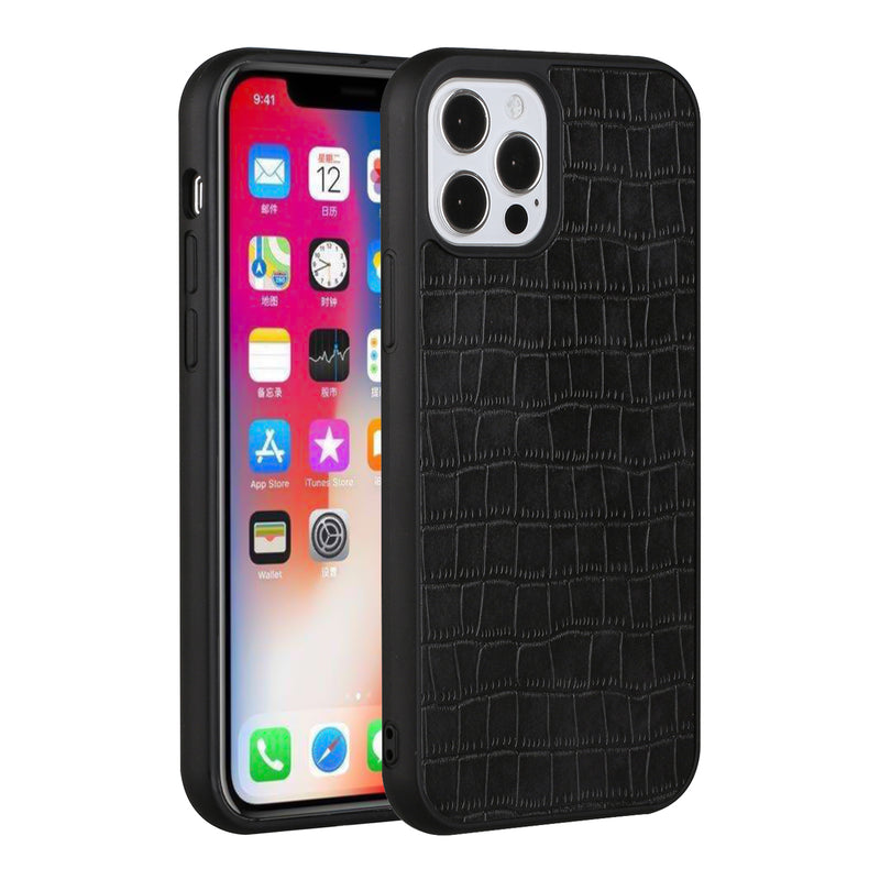 For Apple iPhone 14 6.1" Hard PU Leather Croc Design Hybrid Case Cover - Black