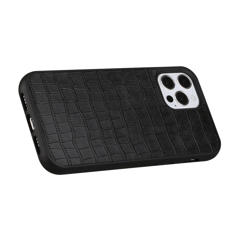 For Apple iPhone 14 PRO MAX 6.7" Hard PU Leather Croc Design Hybrid Case Cover - Black