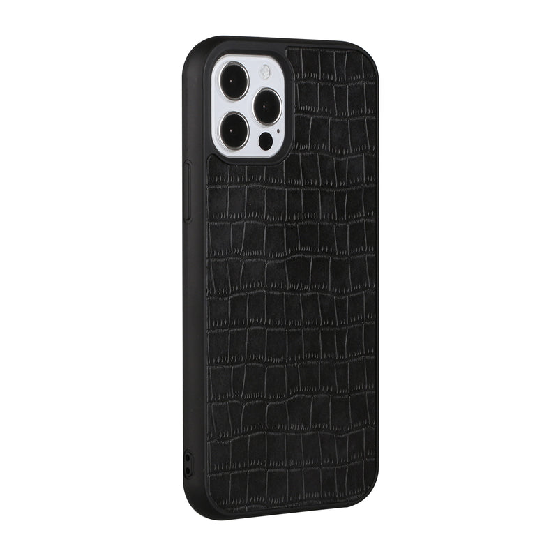 For Apple iPhone 14 6.1" Hard PU Leather Croc Design Hybrid Case Cover - Black