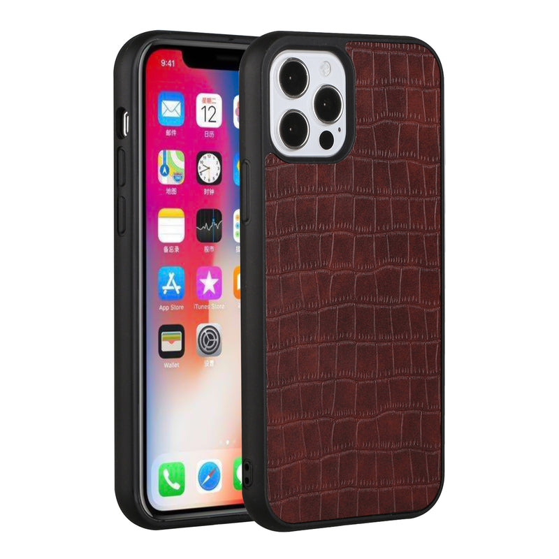 For Apple iPhone 14 6.1" Hard PU Leather Croc Design Hybrid Case Cover - Brown