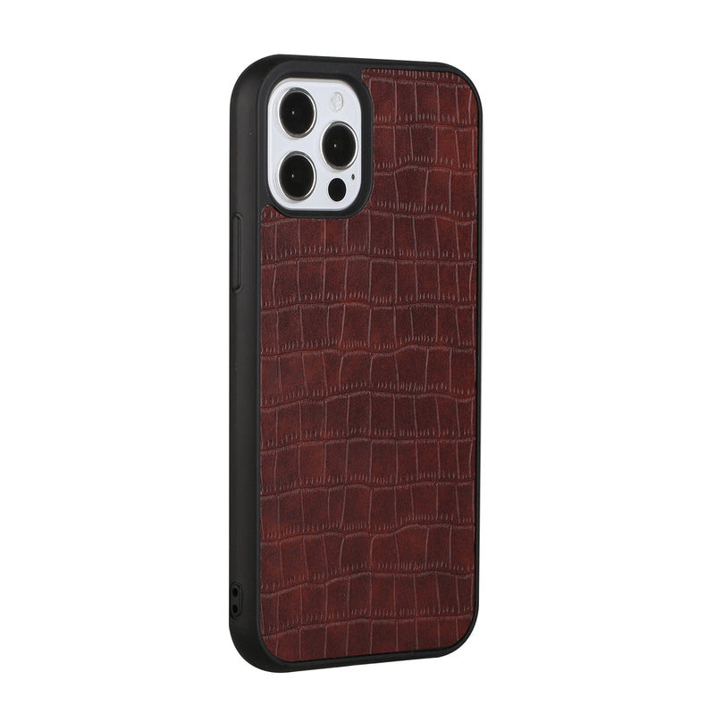 For Apple iPhone 14 6.1" Hard PU Leather Croc Design Hybrid Case Cover - Brown